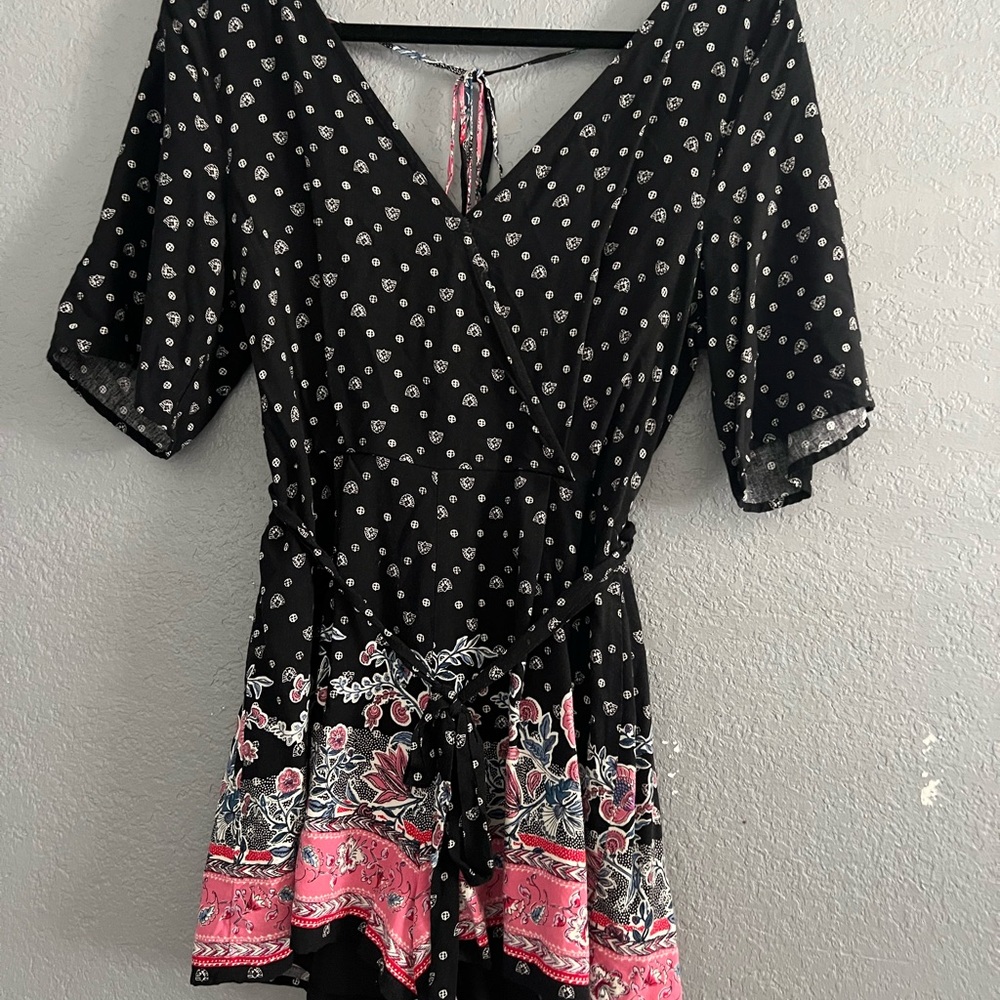 Francesca’s Black and Pink Floral Romper